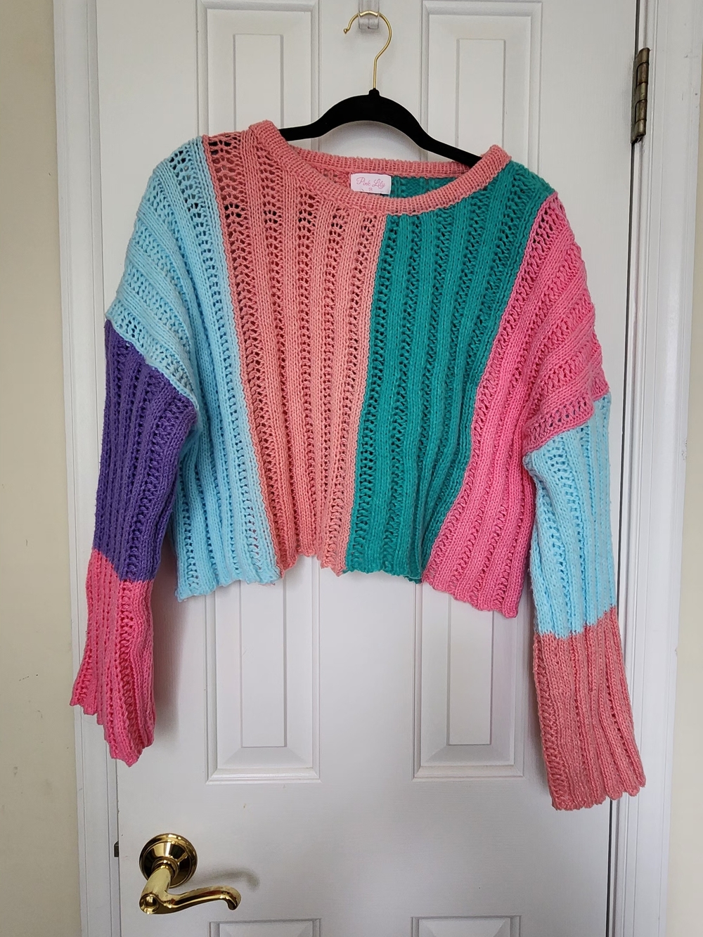 Pink Lily Cropped Colorblock Sweater - Pink, Teal, Light Blue, Purple Medium